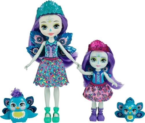 Enchantimals HCF83 - Patter Peacock und kleine Schwester (ca. 15 cm und ca. 4 cm) und 2 Tierfiguren, Abnehmbarer Rock und Zubehörteile, tolles Spielzeug Geschenk für Kinder ab 3 Jahren