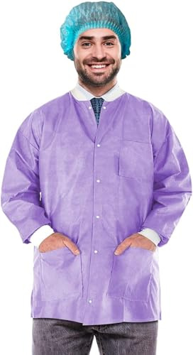 EZGOODZ Disposable Lab Jackets, Purple Small 29 Inches Long SMS 50 GSM Hip Length Lab Jackets with Snap Front, Knit Cuffs and Collar, 3 Pockets, Pack of 10