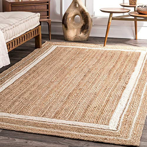 Vipanth Exports Natural Jute Handmade Square Area Rug Hand Braided Rug Rustic Rug for Home Decor (60 x 60 CM (2 Feet Square), Beige + White Line)