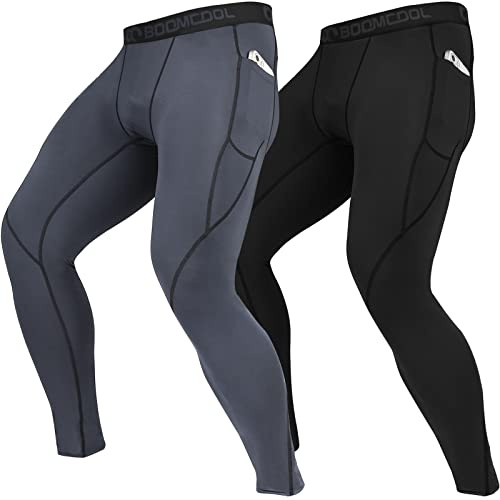 BOOMCOOL Men's Compression Pants with Pockets, Men's Running Tights Leggings Workout Dry Baselayer Gym Athletic Yoga Pants Black and Gray