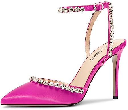 Castamere Donna Spillo Alto High Tacco Heel a Punta Cinturino alla Caviglia Diamante Cristallo Pumps Ballo Raso 10 CM Heels Fucsia 38 EU