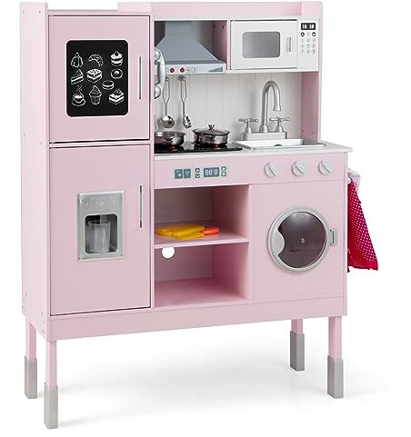 GYMAX Kids Play Kitchen, Wooden Toy Kitchen with Stoves, Microwave, Ice Maker, Fridge, Telephone, Wash Machine, 16 PCS Accessories, Sounds & Lights, Height Adjustable Kitchen Playset for Girls Boys