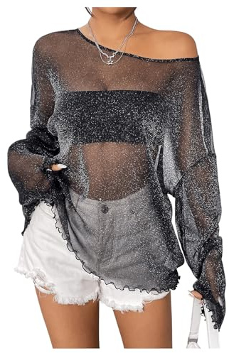 Verdusa Women's Rave Mesh See Through Sequin Long Sleeve Oversized Tee Shirt Sheer Festival Top Black X-Large