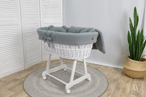 WIKLINOPOL Baby Stubenwagen – Komplettset mit Moseskorb, Matratze & Bettwäsche aus 100% Baumwolle Oeko-Tex in Khaki – sicherer Schlafplatz mit Rollen & Bremse – Modell Amelia