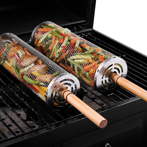 Rolling Grilling Basket: 2PCS Gilling Basket for Outdoor Grill with Removable Wooden Handle, Sturdy Stainless Steel Grill Basket - BBQ and Grilling Accessories for Veggies/Shrimp/Meat