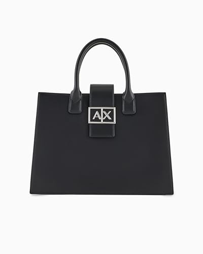Armani Exchange Women's Jodie, Sustainable, Logo Plate Closure Medium Tote, Black, Nero, taglia unica