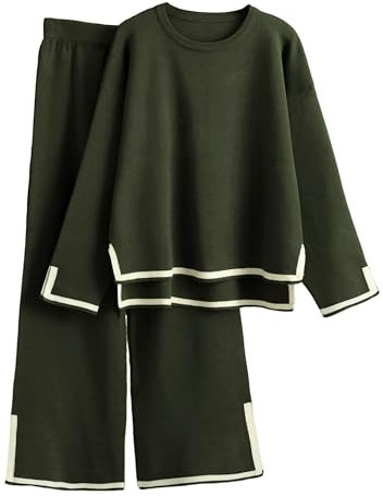 Famulily Knitted Tracksuit Womens Set Casual Long Sleeve Top and Wide Leg Pants Loungewear Army Green M