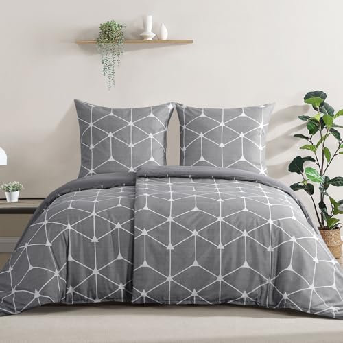RUIKASI Bettwäsche 135x200 4teilig Hellgrau - Bettbezüge 135 x 200 2er Set mit Geometrie Muster, Bettwäsche-Sets 135x200cm aus Mikrofaser mit Reißverschluss Weich und Bügelfrei