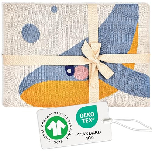 Merle Toys® Premium Babydecke Baumwolle, 100% Bio - GOTS & Oeko-TEX Zertifizierte Strickdecke, Baby Decke für Neugeborenen, Geschenk zur Geburt Junge & Mädchen, Kuscheldecke Baby, Meereswelt 3D