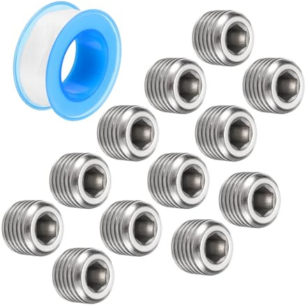 QUARKZMAN 1/4 NPT Inuti Hexagonal Gänga Slang Rostfritt Stål Plugg med PTFE-Manlig Gänga-Pipa-Huva Silver 12 st
