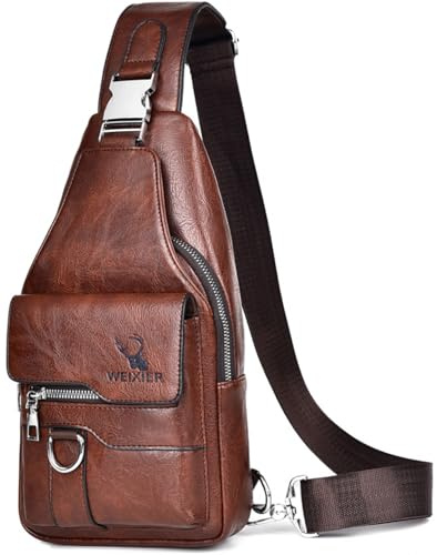 Hjkiopc Bandouliere Sac de Poitrine Homme Sacoche business de Loisir Dos PU Cuir Pochette Epaule Sac à Dos de Voyage pour Homme Femme(Brun Foncé)