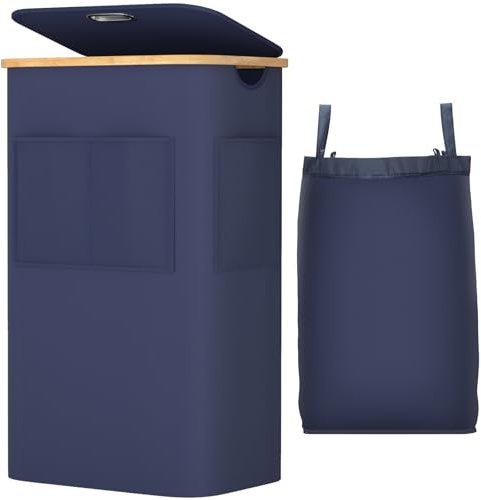 OUSFOT Bac à Linge avec Couvercle, 105L Grand Panier à Linge avec Poignées en Bambou, Corbeille à Linge en Tissu 600D Oxford Imperméable avec sac Amovible pour Buanderie Chambre à coucher Salon, Bleu
