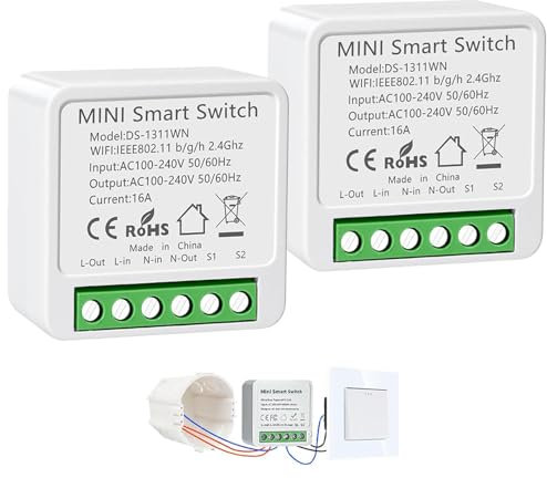2 Pièces Alexa Interrupteur Connecté, Interrupteur Wifi Smart Life, 2.4Ghz Interrupteui Intelligent, Compatible avec assistants vocaux, Smart Life, Tuya, 16A Mini Smart Switch avec Minuterie