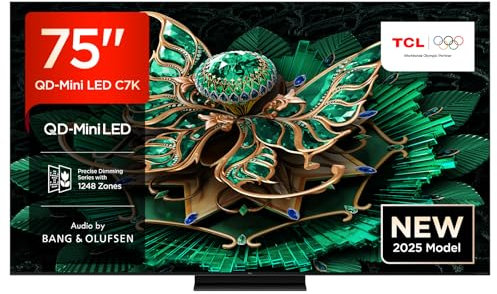 TCL 75C7K 75 Zoll QD-Mini LED Fernseher, 4K HDR Premium 3000, Smart Google TV mit 144Hz Motion Clarity Pro (Dolby Vision IQ & Atmos, CrystGlow HVA Panel, Audio von Bang & Olufsen, Game Master)