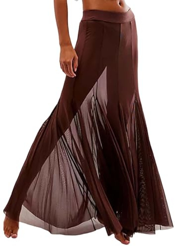 KBOPLEMQ Jupe longue en maille transparente pour femme - Pantalon midi - Élastique - Taille haute - Ourlet à volants - Jupe fluide - Plage - Jupe longue en tulle - Couverture transparente en dentelle