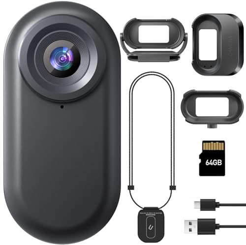 HUAJUN Mini caméra d'action, 64 G 1080p, Petite caméra de vlogging Portable avec Clip Rotatif à 360°, caméra POV Mains Libres avec autonomie de 150 Min, Montage n'importe où (5979)