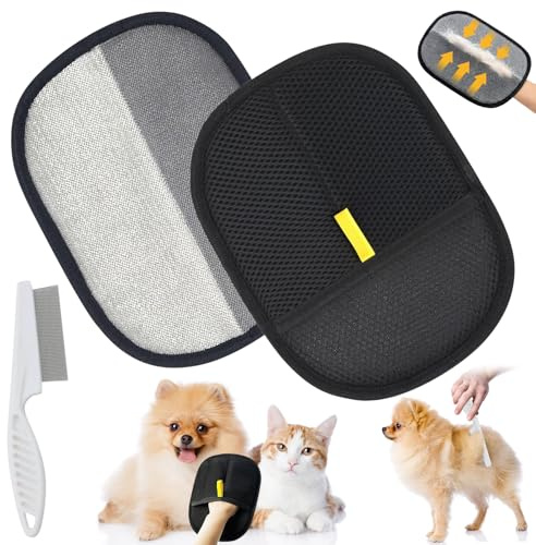 2 pezzi Guanti per La Toelettatura degli Animali Domestici, Double Sided Grooming Glove, con pettine antipulci, antistatico E riutilizzabili, spazzola per gatti, per la depilazione e la bellezza