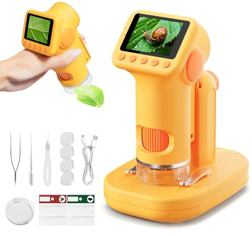 HEWEIMEI 1600X Microscopio para Niños, 2.0 Pantalla Mini microscopios Digitales con Kit de Portaobjetos y 6 Luces LED, Juguetes Ciencias Educativas, Niños Alumnos de 3 a 12 Años (Amarillo)