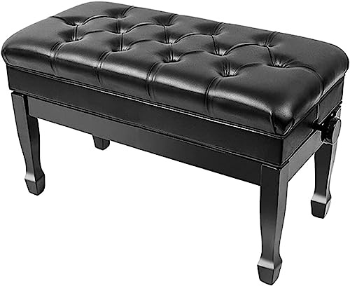 SnamicE Pianopall, sminkbordspall, pianobänk med äkta läder, sitthöjd justerbar pianopall med musikförvaring, hydraulisk lyftning, svart,