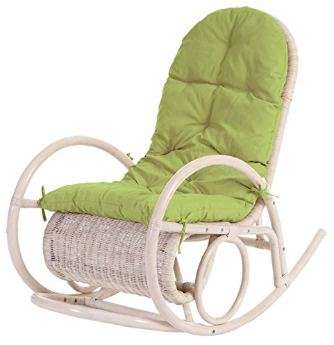 Mendler Schaukelstuhl Esmeraldas, Schwingsessel Rattansessel, weiß - Auflage grün