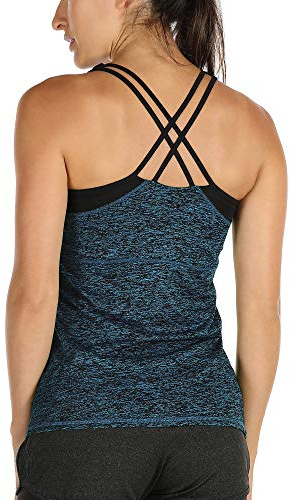 icyzone Damer 2 i 1 sport yoga toppar med bh – gymskjortor fitness träning linne topp, Mörkblå, M