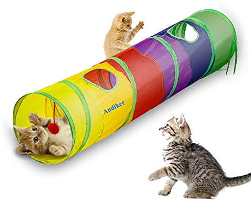 Andiker Cat Tunnel, Cat Tubes for Indoor Cats Collapsible Cat Play Toy for Puzzle Exercising Hiding Training and Running with a Red Fun Ball and 2 Holes (25&120cm) (Colorful)