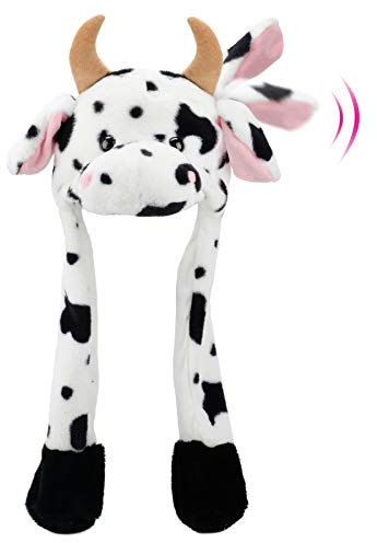 Hopearl Kuh Hut Mit Beweglichen Ohren - Schwarze Kuschelige Plüschmütze - Lustiges Bauernhof Kostüm Für Karneval & Kindergeburtstag - Das ideale Geschenk Für Mädchen (56 cm)