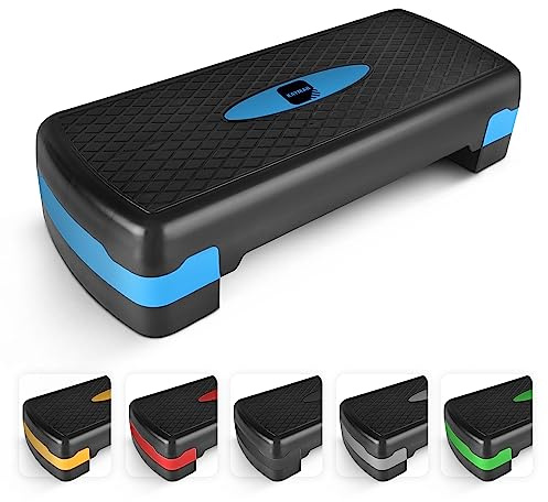 Pasos de ejercicio – para el hogar y el gimnasio, adecuado para rutinas de fisica aeróbic, cardio y yoga – altura ajustable (10,15,20 cm) (azul)