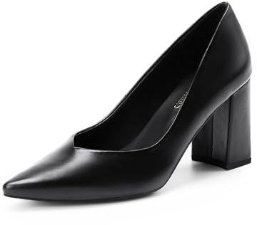 DREAM PAIRS Women's Block Heel Pointed Toe Pumps,Black/Pu,5