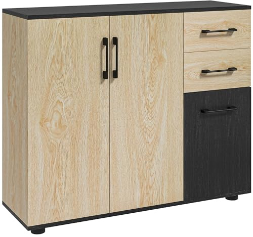 HOMCOM Credenza Moderna da Cucina e Soggiorno, Mobile Credenza da Cucina con Mensola Regolabile, 2 Armadietti e 2 Cassetti, Design Moderno, 90x30x75.5cm, Noce e Nero