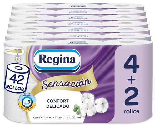 Regina Sensación - 42 Rollos de Papel Higiénico, 175 Hojas de Triple Capa, Extracto Natural de Algodón Y Delicadamente Perfumado, Envase de Plástico Reciclado al 60%, Papel 100% Certificado FSC