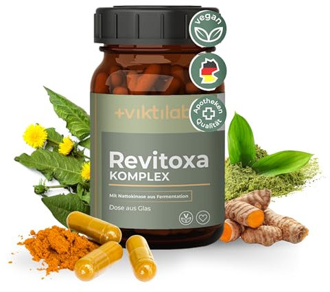 Viktilabs© Revitoxa Komplex mit Quercetin, Schwarzkümmelsamen, Acerolaextrakt, N-Acetyl-L-Cystein, Grüner Teeextrakt, Löwenzahnwurzel, Mariendistel, Selen & Nattokinase - 120 Kapseln