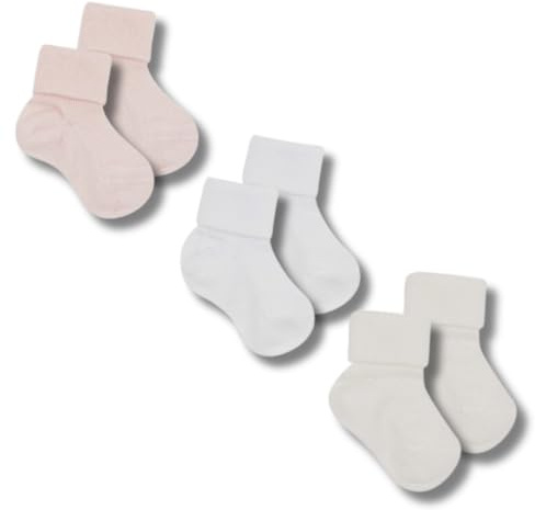 Coccoli | 3 Paia di Calzini Neonato Primigiorni in Cotone Caldo a Tinta Unita con Risvolto, Made in Italy (panna-bianco-rosa, 0/3)