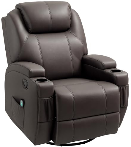 HOMCOM Poltrona Massaggiante Reclinabile Manuale, Poltrona Relax Elettrica Girevole con 2 Portabicchieri, Telecomando, Poggiapiedi e 4 Tasche Laterali, in Pelle PU, Legno e Acciaio, Marrone Scuro