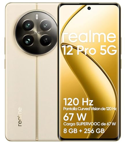 realme 12 Pro 5G Smartphone 8+256GB, IMX882 OIS 2X Optical Zoom Camera, Snapdragon 6s Gen 2, Pantalla Curved Vision de 6.7 120Hz, Batería masiva de 5000mAh, Navigator Beige (sin Adaptador)