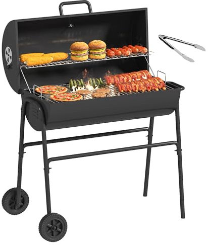 YITAHOME M Grillwagen Smoker Holzkohlegrill mit Gusseisenrost & Emaille-Pfanne - Mobiler BBQ Grill für Garten, Camping, Outdoor - Inkl. Thermometer, Küchenzange, Grillhandschuh, Robustes Design