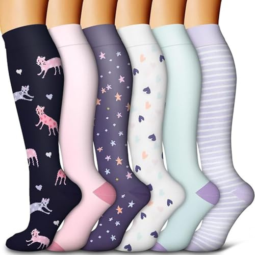 GEYIWSSXY 6 pares de calcetines de compresión para hombres y mujeres, calcetines de apoyo coloridos para deportes, correr, viajes, ciclismo, L-XL