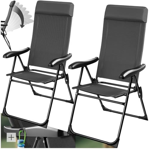 tectake® Essstühle Hochlehner, Gartenmöbel Set, Essstuhl 7-Fach verstellbar, Gartenstuhl, Campingstuhl, Balkon Möbel, Camping Stuhl, Gartenstühle - anthrazit, 2er Set