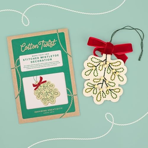 COTTON TWIST Christmas Craft Kit Make Your Own Stitched Mistletoe Decoration Set - Wooden Base and Thread - Eco-Friendly Embroidery Hanging Ornament DIY Festive Art Activity for Tree or Gifting