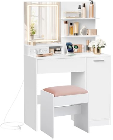 VASAGLE Kailyn Collection - Coiffeuse avec Miroir LED et Tabouret, avec Multiprise, Compartiment avec 2 Étagères Réglables, 1 Tiroir, 2 Étagères, Coin Beauté, Moderne, Blanc RDT738W01