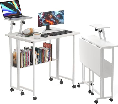 Saitedudu Folding Desk on Wheels with Casters Monitor Stand,80cm Computer Foldable Desk with storage Shelves,Adjustable Laptop Desk