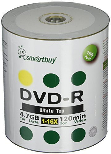 Smart Buy 100 Pack DVD-R 4.7gb 16x White Top (Non-Printable) Blank Data Video Movie Record Disc, 100 Disc 100pk