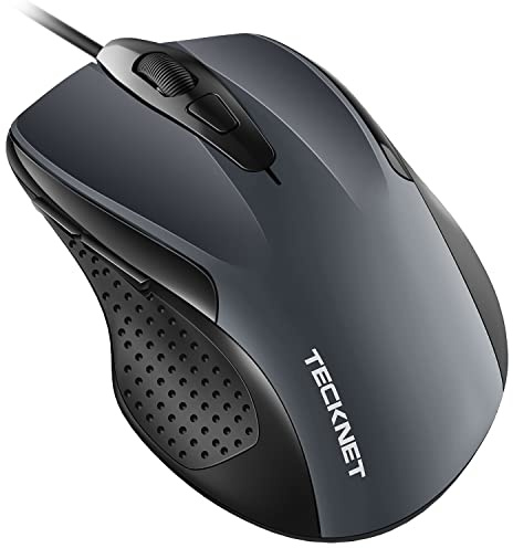 TECKNET USB Wired Mouse, 6-Button Corded Computer Mouse with 4 Adjustable DPI, Optical Computer Mice with Ergonomic Design and 5FT Cord for Laptop, Chromebook, PC, Desktop, Mac, Notebook-Gray