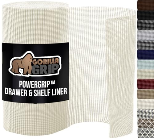 GORILLA GRIP powerGRIP Drawer Shelf and Cabinet Liner, Thick Strong Hold, Non-Adhesive Liners Protect Kitchen Cabinets and Cupboard, Bathroom Drawers, Easy Install, Breathable Mat, 12 x20' Snow White