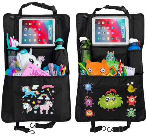 HECKBO 2x Kinder Autositz Rückenlehnenschutz Organizer mit verstellbarer Tablet Tasche, Aufbewahrung für Zubehör – Monster Einhorn - 70x45cm – inkl. Getränkehalter + Aufbewahrungsnetz