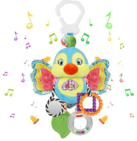 WolinTek Babyspielzeug für 0, 3, 6, 9, 12 Monate,Kleinkindspielzeug Plüschrassel, Baby Rasseln mit Beißringen zum Beißen,Kinderwagen Auto Spielzeug für Kleinkinder (Vogel)