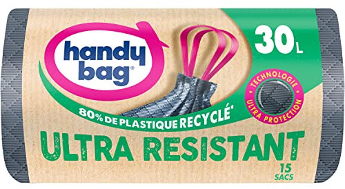 Handy Bag - Sacs poubelle à poignées coulissantes Ultra Résistant 30L x 15 sacs - Ultra Protection : trame et film triple épaisseur - Fond anti-fuite - Étanchéité maximale - 100% plastique recyclé