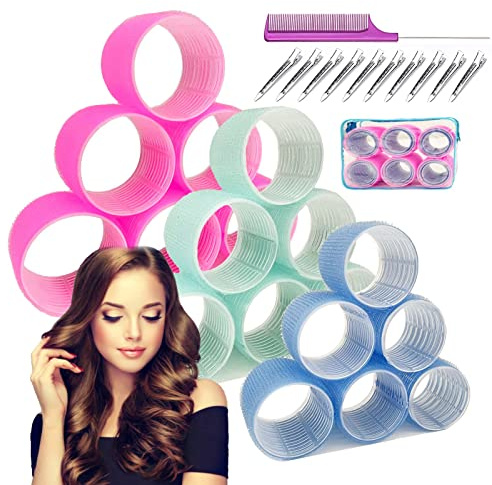3'' Extra Large Hair Rollers Set for Long Hair, Jumbo Self-Grip VelcroRollers for Salon-Volume & Big Curls, 31 PCS with 3 Sizes (3/2.5/2), Includes Clips & Comb, Travel Pack