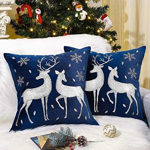 Lewondr Christmas Throw Pillow Cover, White Deer Snowflake, 18x18, 2 Pack | Navy Blue, Soft Velvet, Embroidery Decorative, Luxurious Sofa Cushion Cover, Home Christmas Decoration