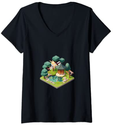 Damen Japanischer Garten-Bonsai-Baum, Teich, isometrisch, 32 Bit T-Shirt mit V-Ausschnitt